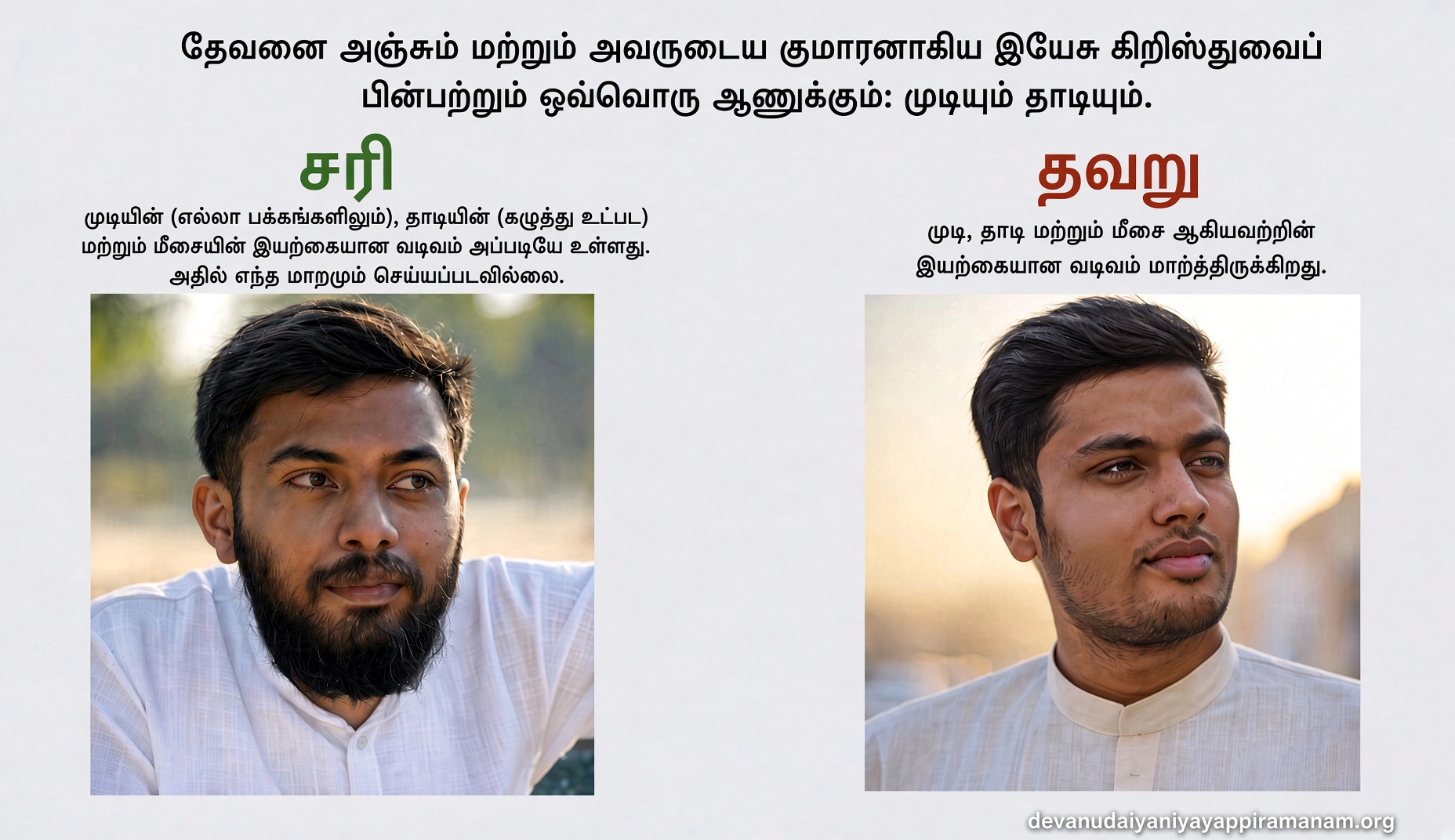 Two men side by side showing the correct and incorrect way of how to maintain the beard and the hair according to the commandment of God as described in the Scripture.